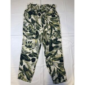 HM Tropical Leaf Print Paperbag Waist Pants Green White Viscose Size 10 NWT